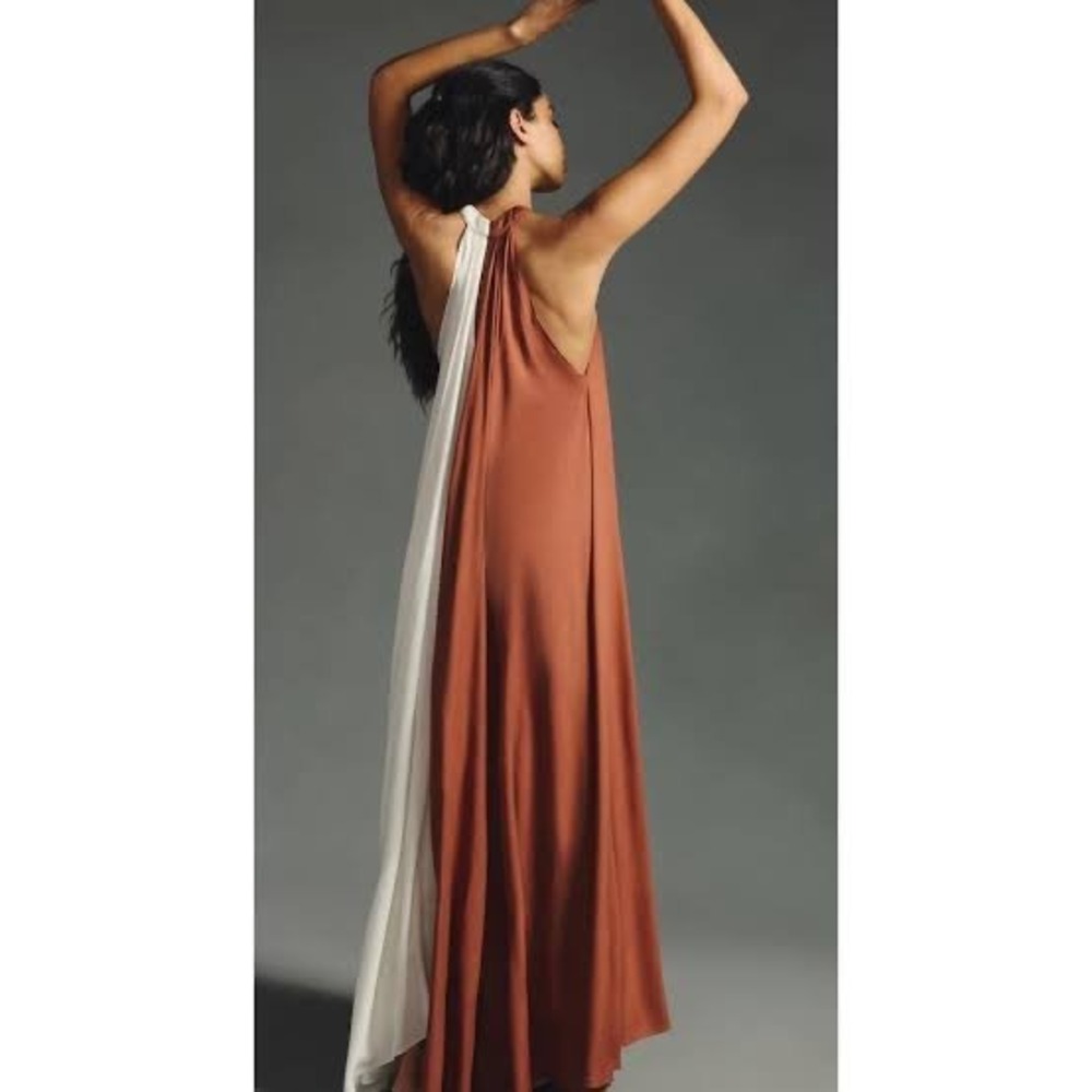 Let Me Be Colorblock Two Tone Halter Maxi Dress Brown Cream XS - Picture 3 of 12